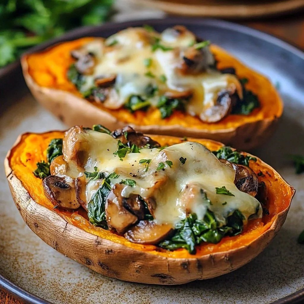 Mushroom spinach stuffed potatoes ready to serve on a plate.