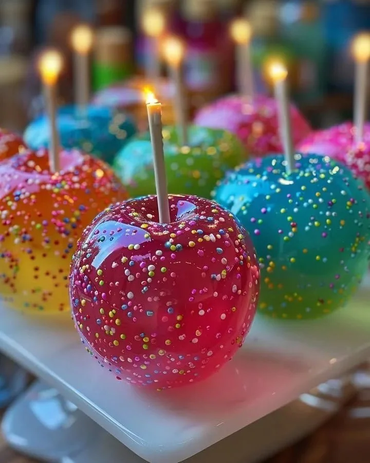 Neon Jolly Rancher candy apples with colorful toppings and shiny caramel glaze