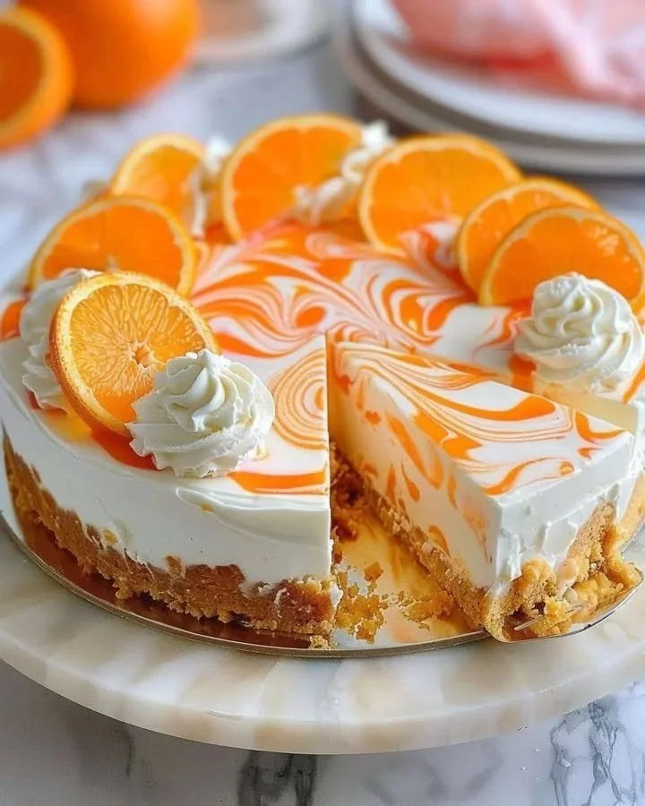 No-bake creamsicle cheesecake slice topped with orange zest and whipped cream