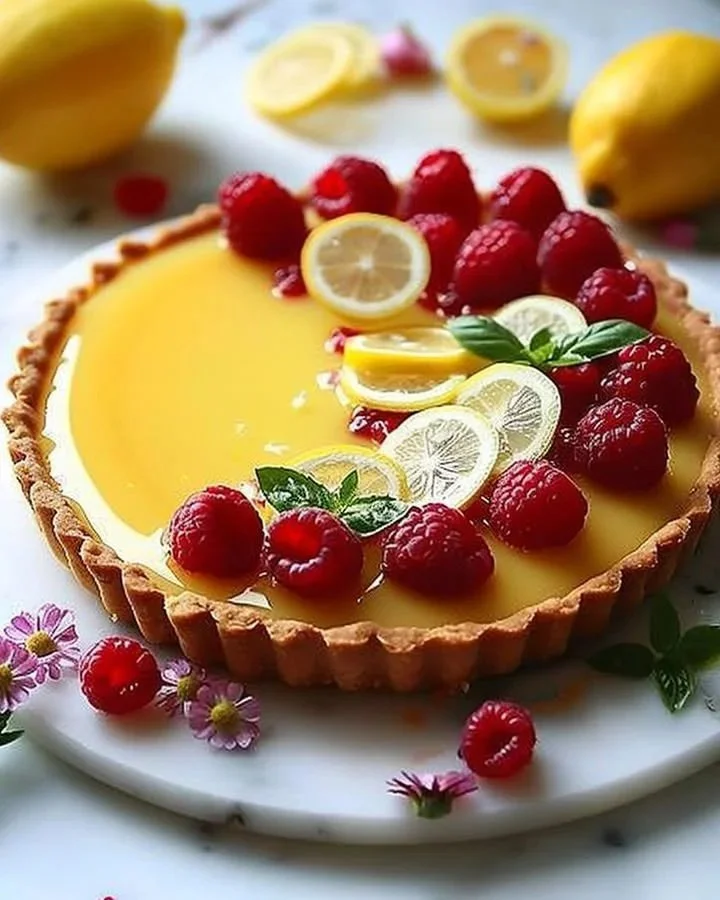 No-bake lemon tart topped with fresh raspberries on a white plate