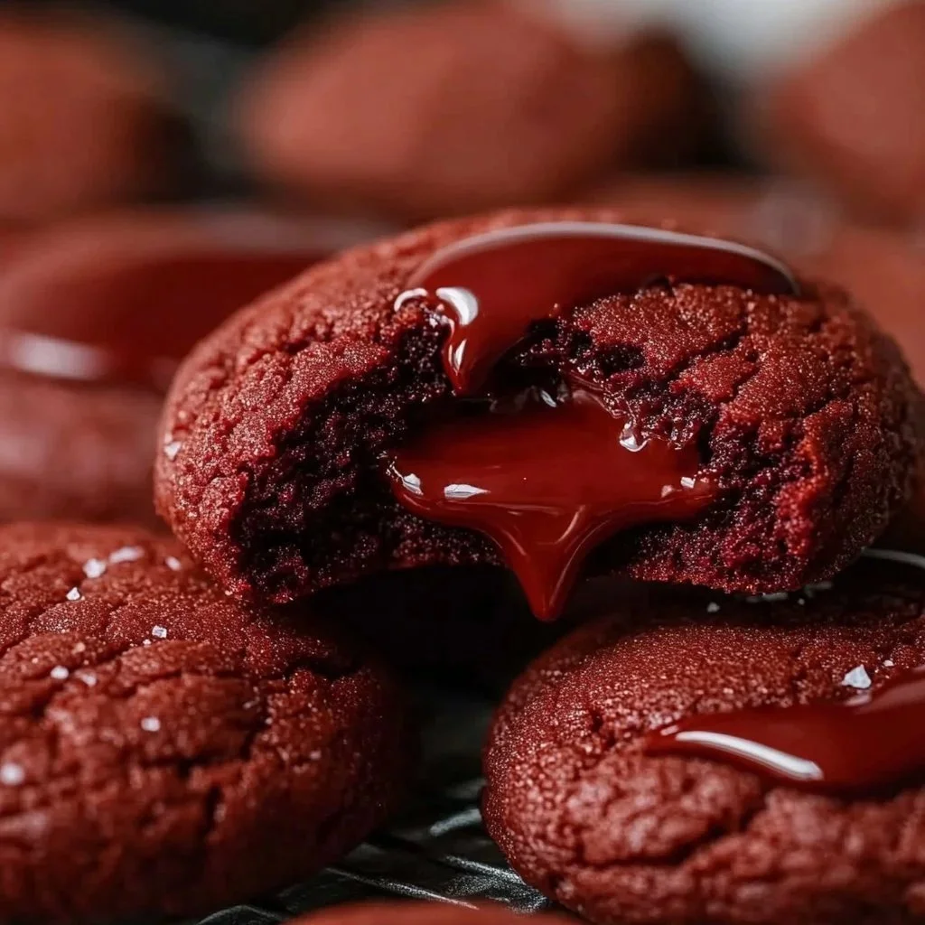 Nutella-stuffed red velvet cookies with a gooey chocolate center
