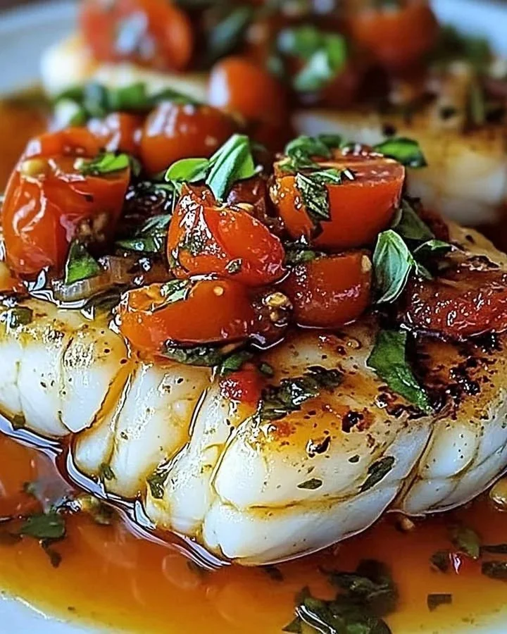 Pan-Seared Mediterranean Cod garnished with Tomato Basil on a plate.
