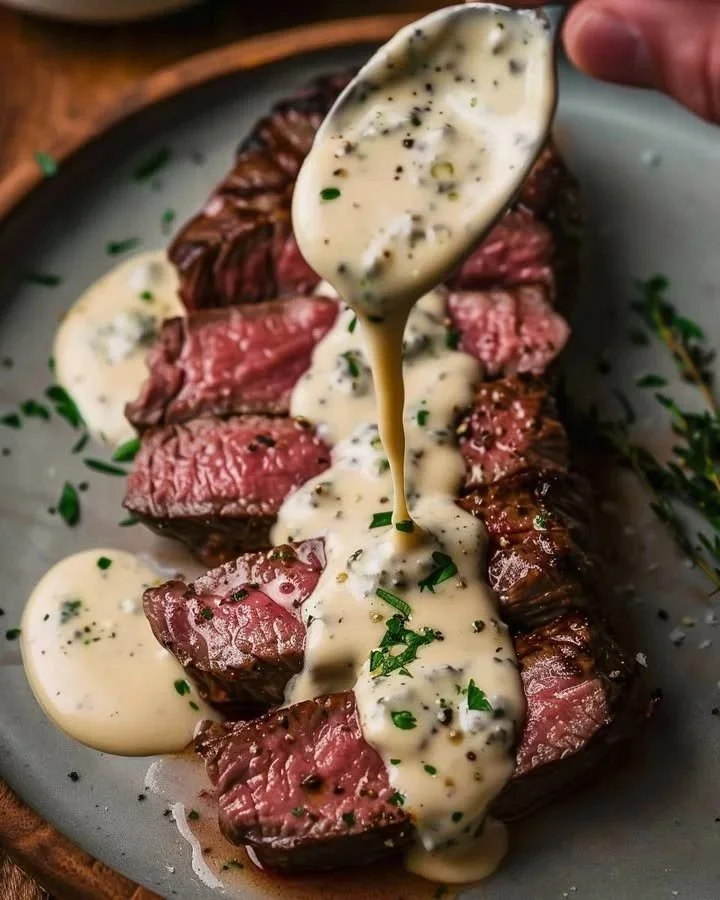 Pan-seared NY Strip steak with Gorgonzola cream sauce served on a plate