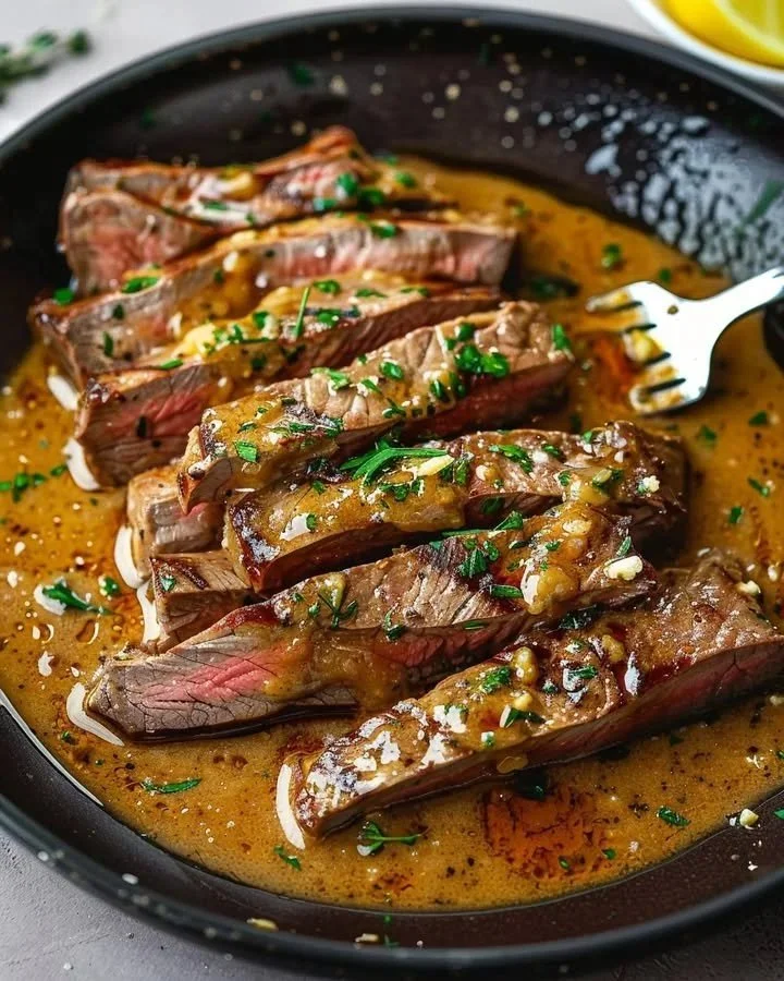 Delicious pan-seared steak topped with herb butter on a plate