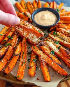 Parmesan-Crusted Carrot Fries served on a plate with dipping sauce