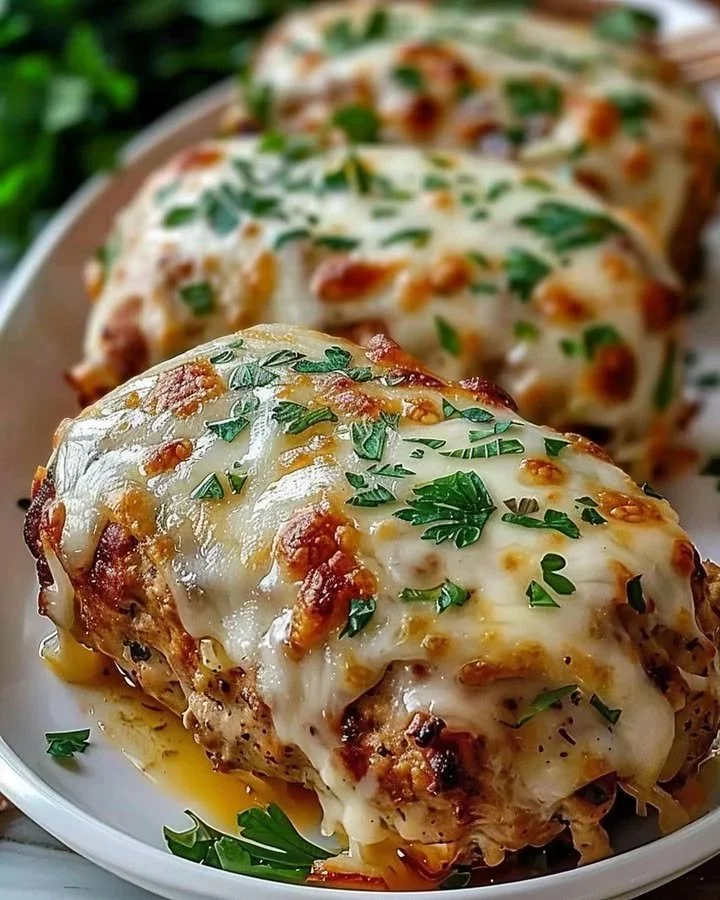Prepared Parmesan Garlic Chicken Meatloaf on a plate with herbs and grated cheese