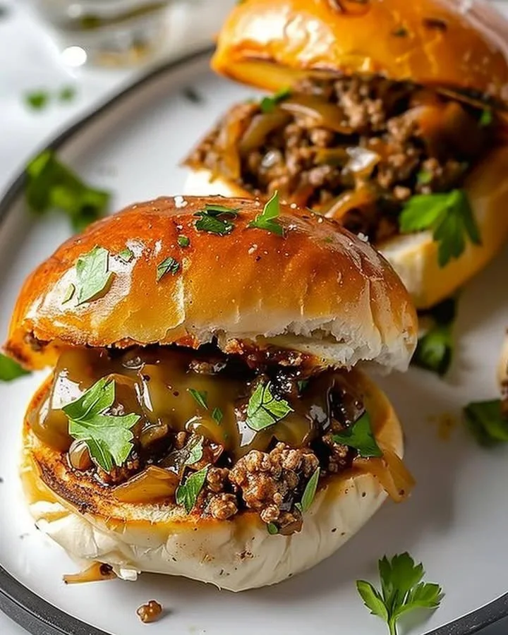 Philly Cheesesteak Sloppy Joes served on a plate with toppings