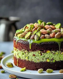 Delicious Pistachio Flourless Cake topped with crushed pistachios