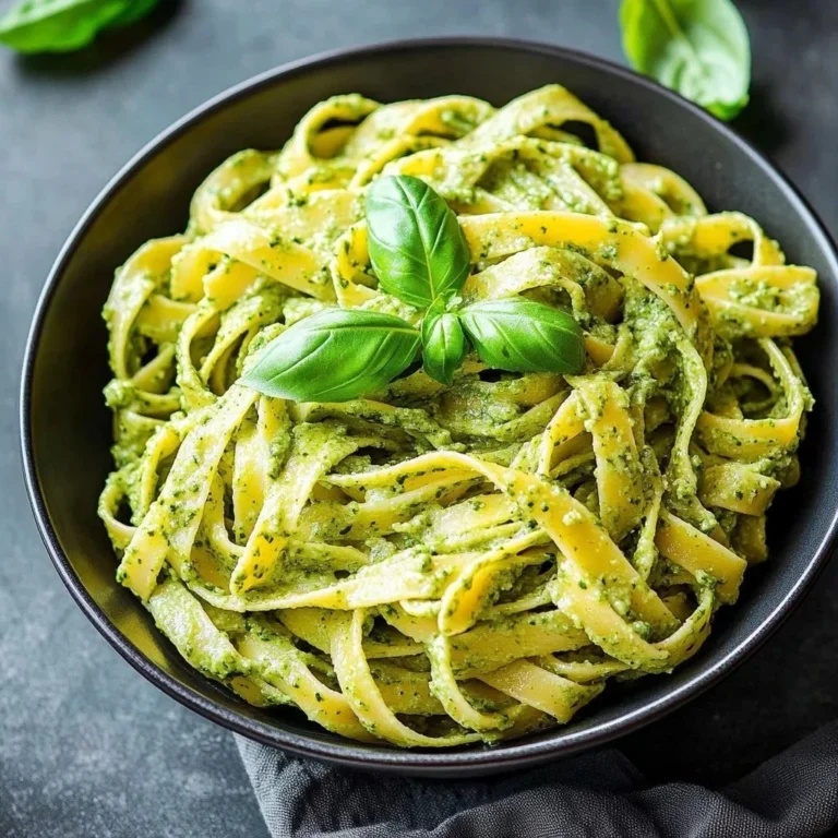 Quick spinach pasta sauce served over pasta in a bowl