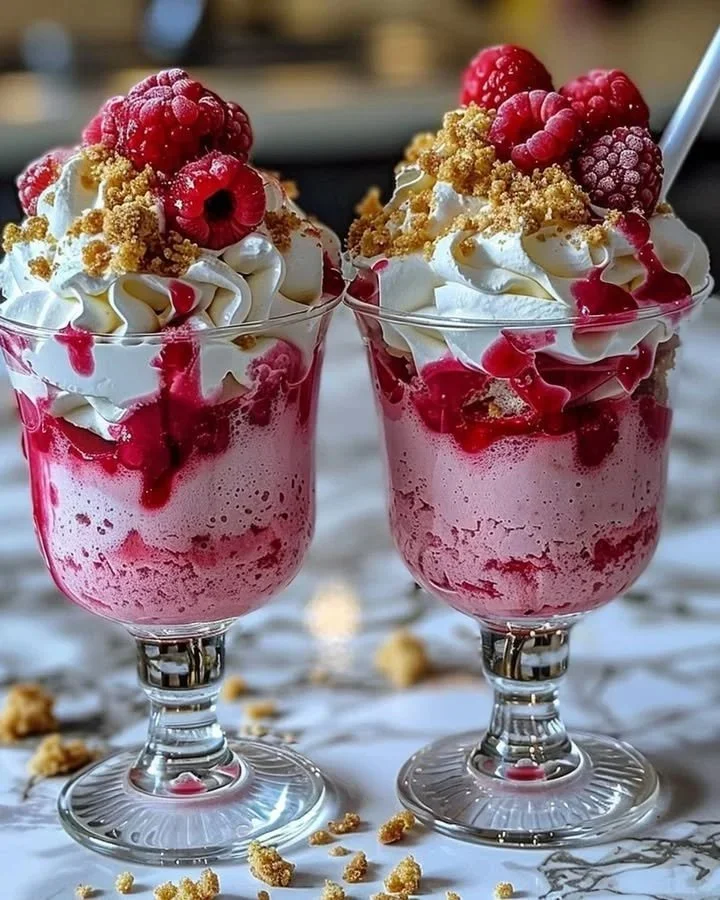 Raspberry Cheesecake Freakshake with whipped cream and fresh raspberries