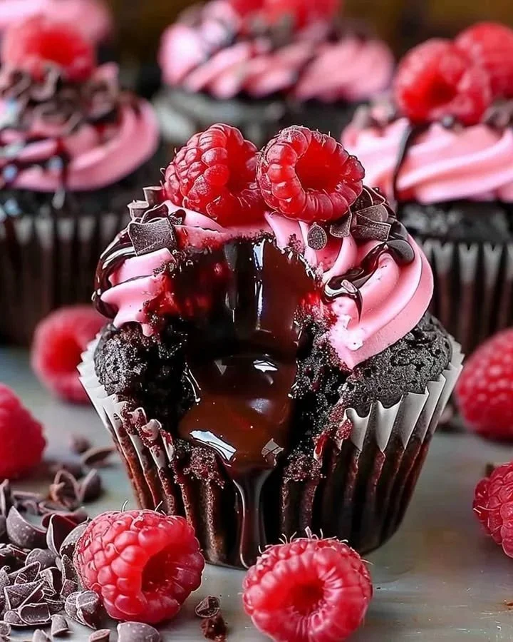 Raspberry Chocolate Lava Cupcake with molten chocolate center and fresh raspberries