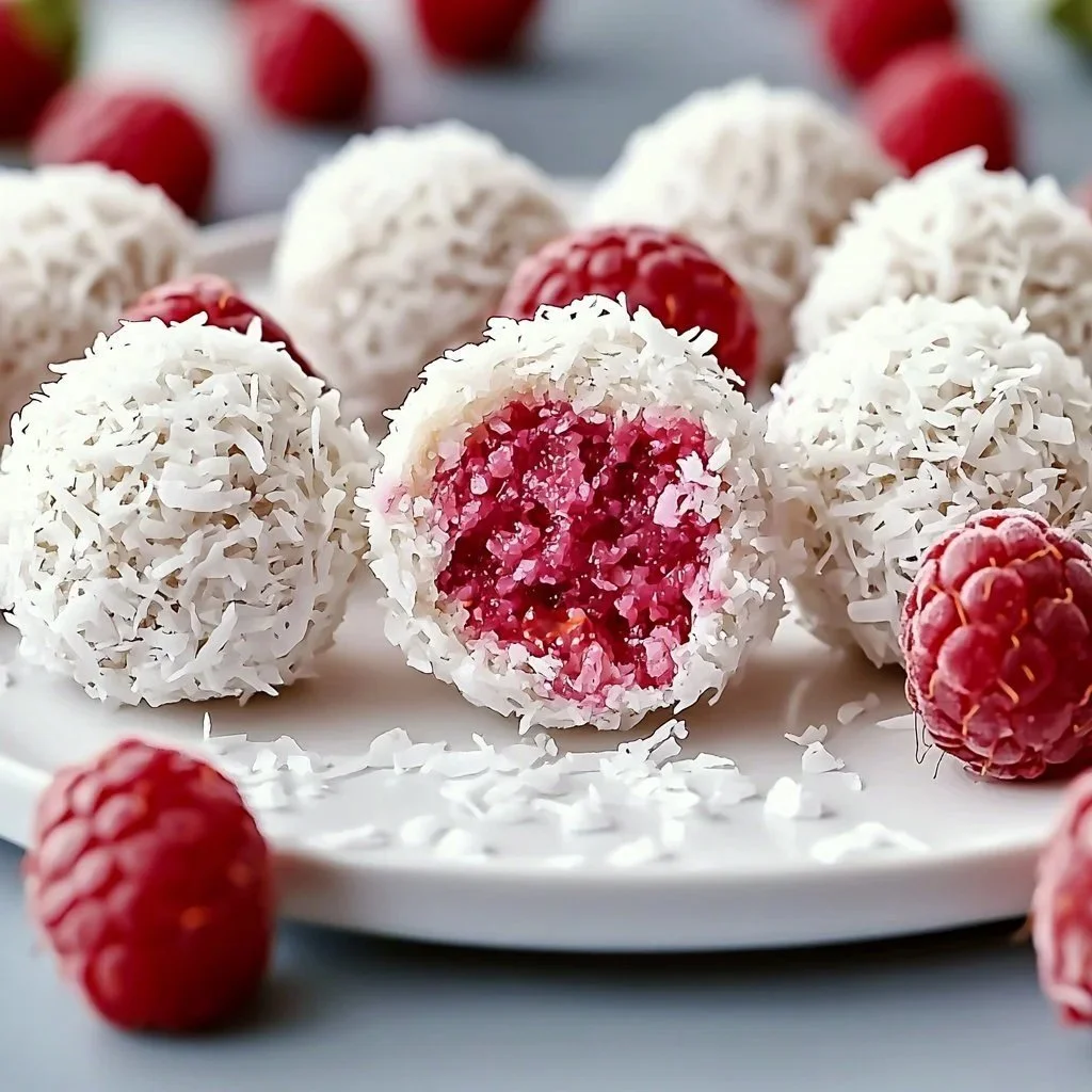 Raspberry Coconut Bliss Balls topped with shredded coconut, healthy energy snacks