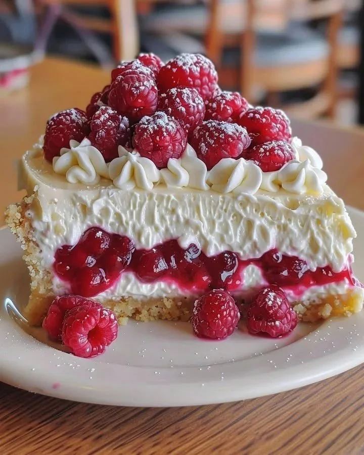 Delicious Raspberry Swirl Cheesecake Pie with creamy layers and fresh raspberry topping