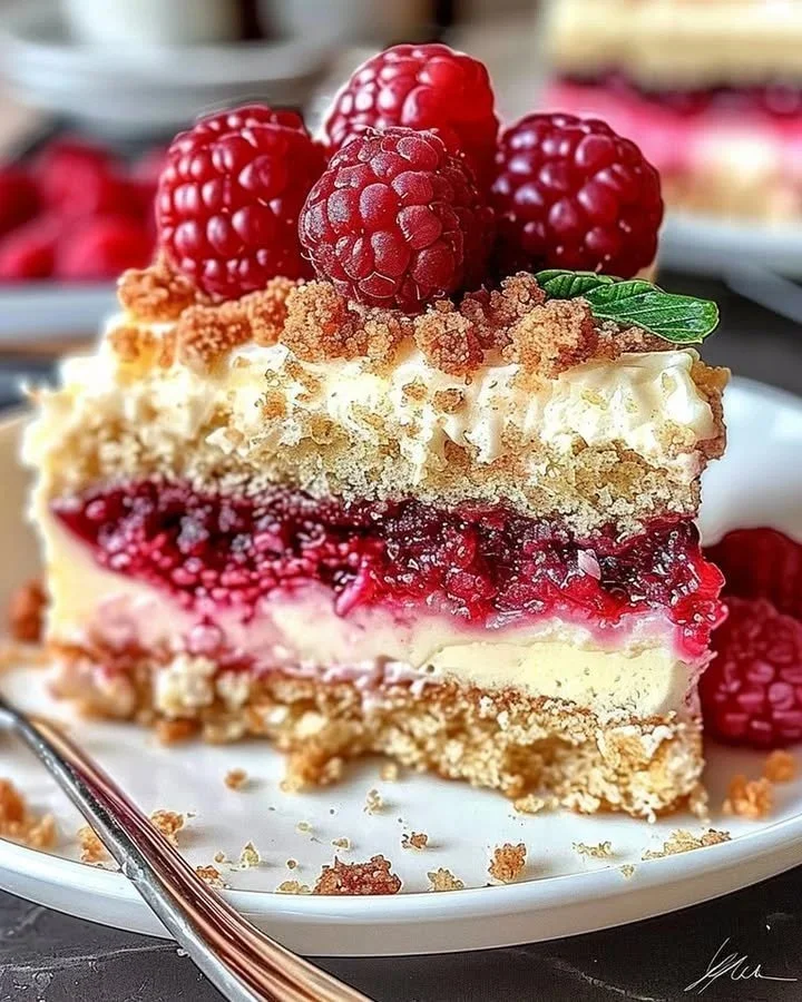 Slice of Raspberry Swirl Cream Cheese Coffee Cake on a plate