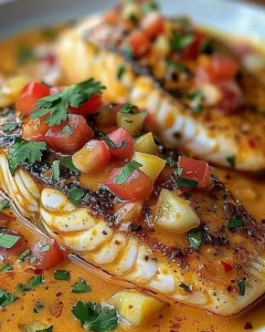 Delicious Red Snapper served with creamy Creole sauce on a plate