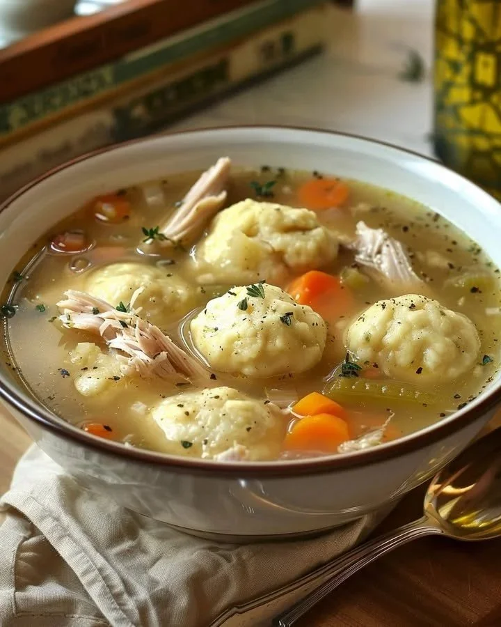 Delicious roasted turkey served with herbed dumplings on a festive table.