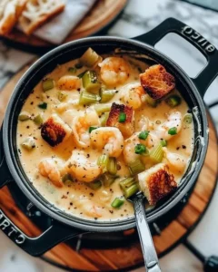 A bowl of robust shrimp bisque garnished with fresh herbs and shrimp.