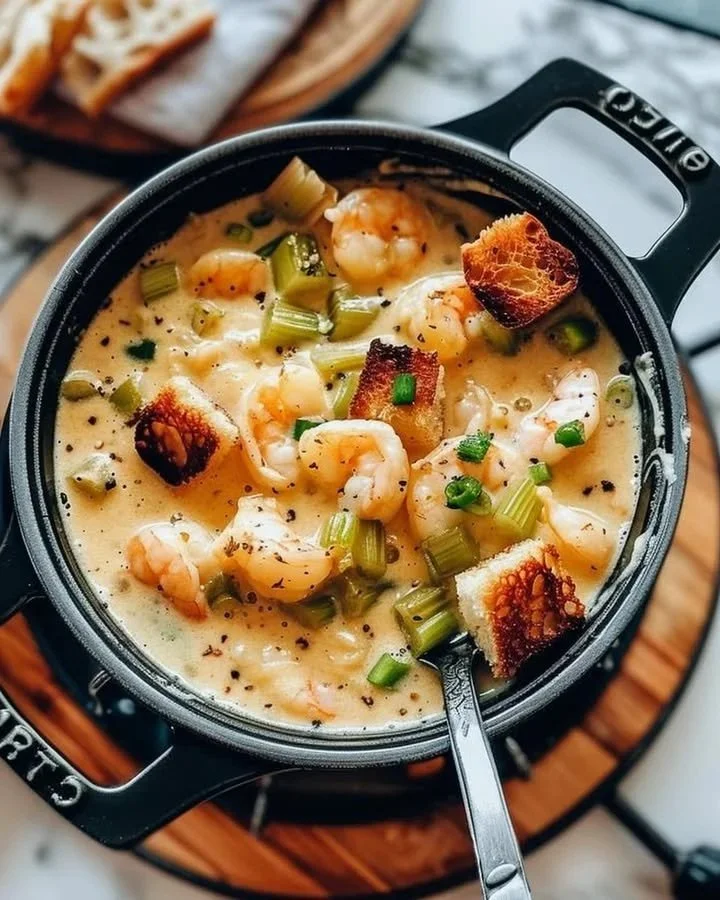 A bowl of robust shrimp bisque garnished with fresh herbs and shrimp.