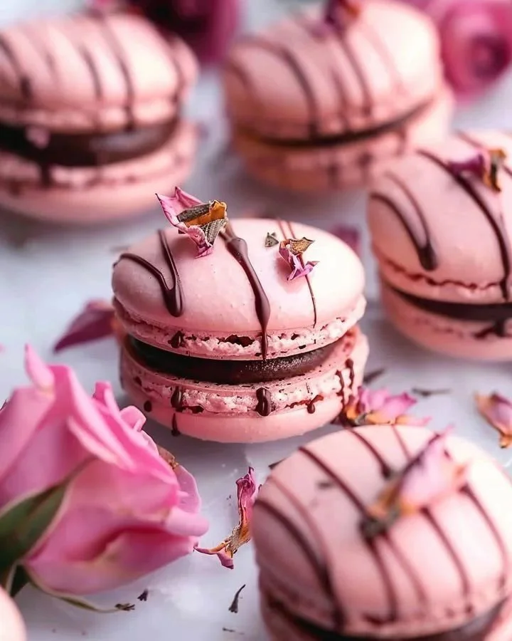 Elegant rose infused dark chocolate macarons on a decorative plate