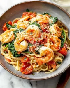 Shrimp Tomato Spinach Pasta served in a white bowl with fresh ingredients