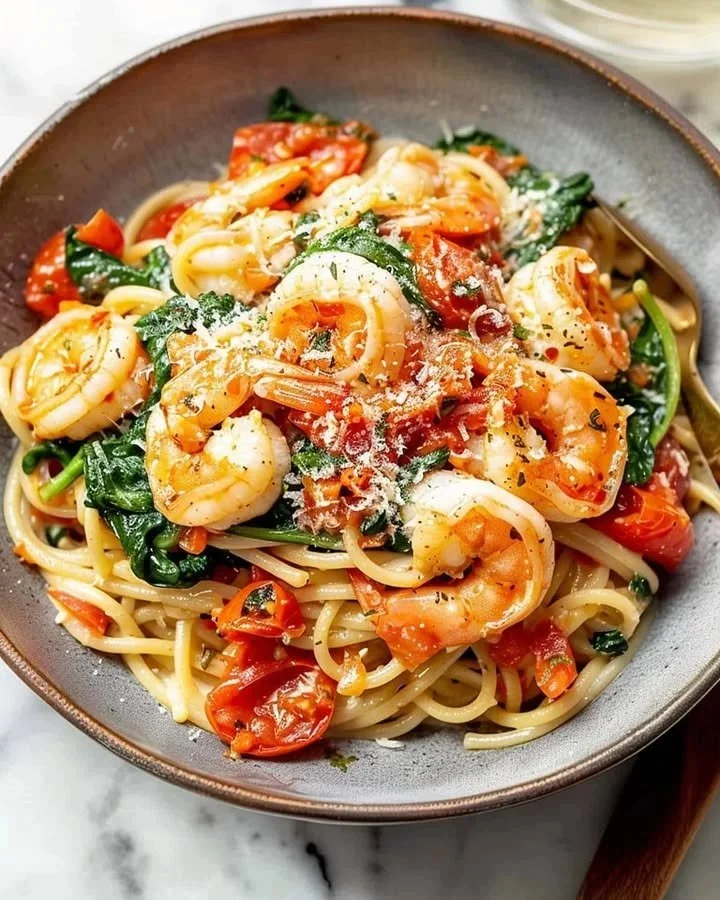 Shrimp Tomato Spinach Pasta served in a white bowl with fresh ingredients