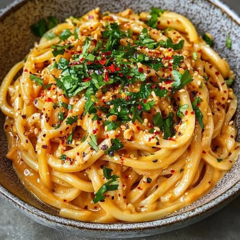 Delicious silky peanut udon noodles with vibrant vegetables and creamy sauce.