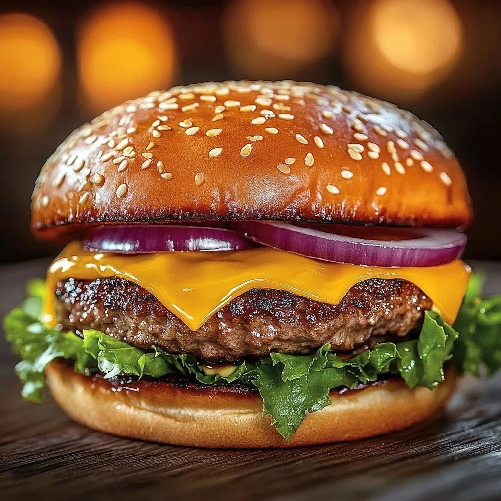 Sizzling grilled onion ring burgers with melted cheese and crispy onions.
