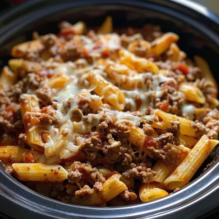 Delicious slow cooked beef served with mostaccioli pasta.