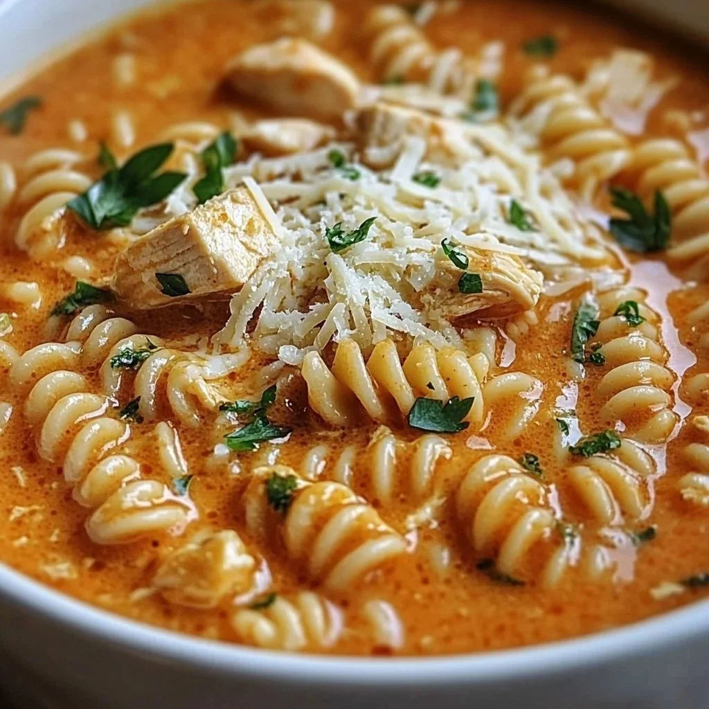 Bowl of Slow Cooker Chicken Parmesan Soup garnished with parsley and cheese