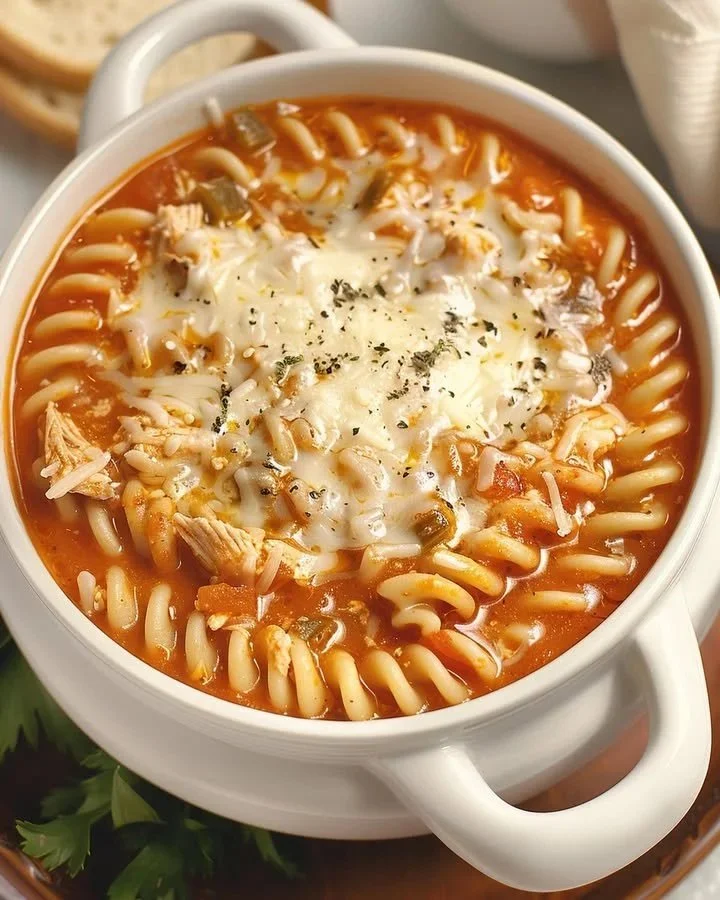 Bowl of Slow Cooker Chicken Parmesan Soup with cheese and herbs