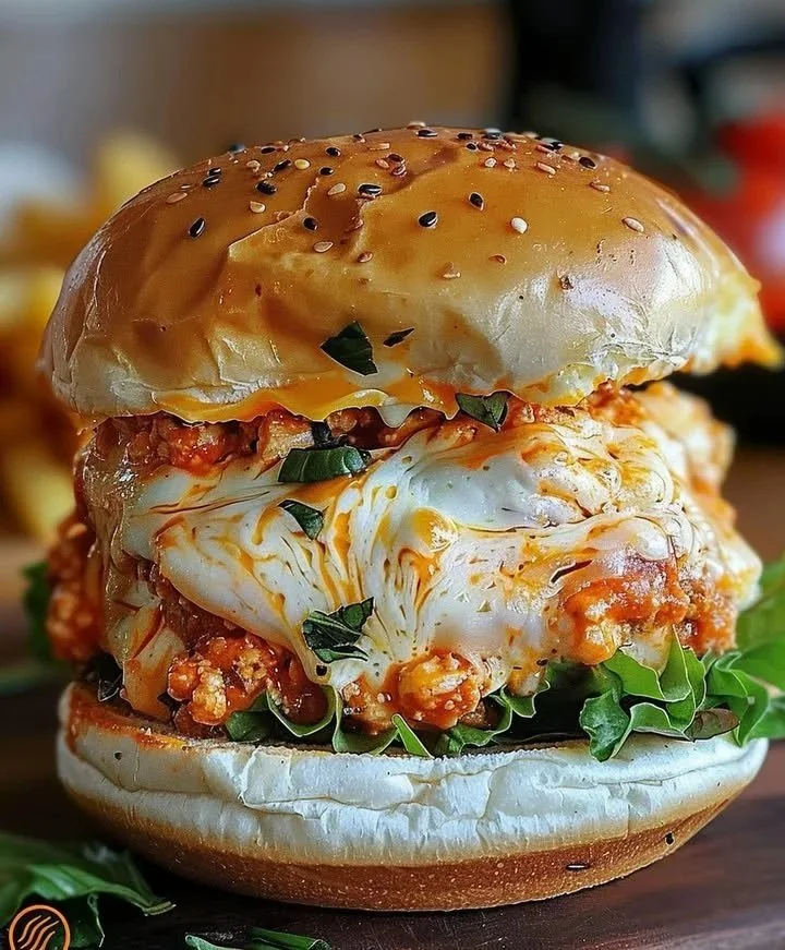 Delicious spicy Buffalo Chicken Lasagna Burger topped with oozing cheese and sauce.