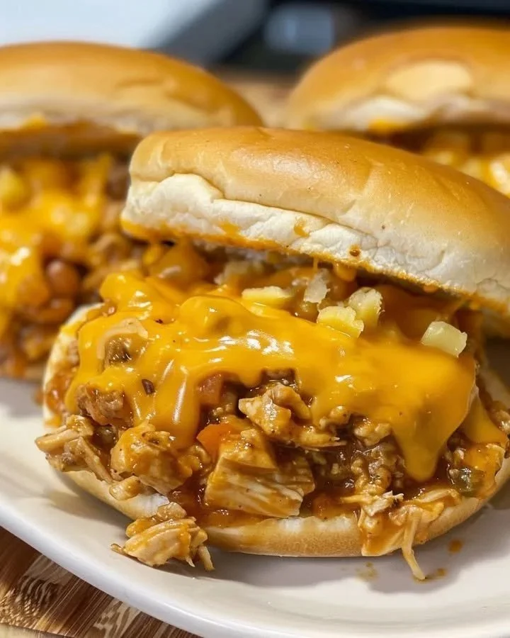 Spicy Cajun Cheesy Chicken Sloppy Joes served on a bun with melted cheese