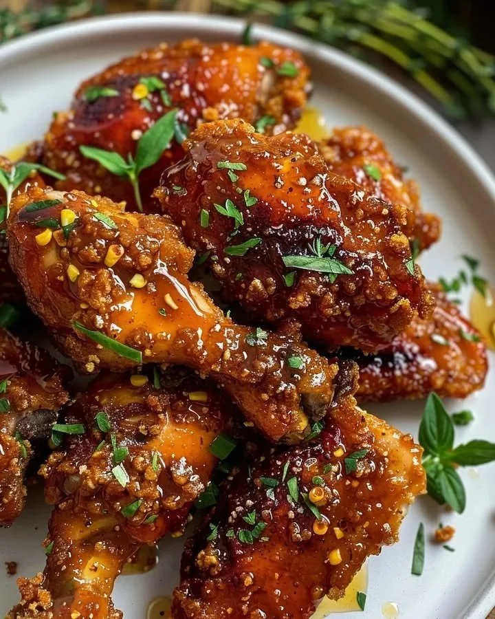 Spicy golden honey-glazed chicken served on a plate with garnishes