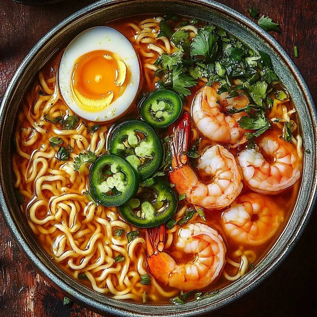 Bowl of spicy jalapeño cheddar sausage shrimp ramen with vibrant toppings