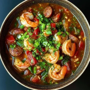 Bowl of spicy jambalaya with andouille sausage and chicken garnished with green onions