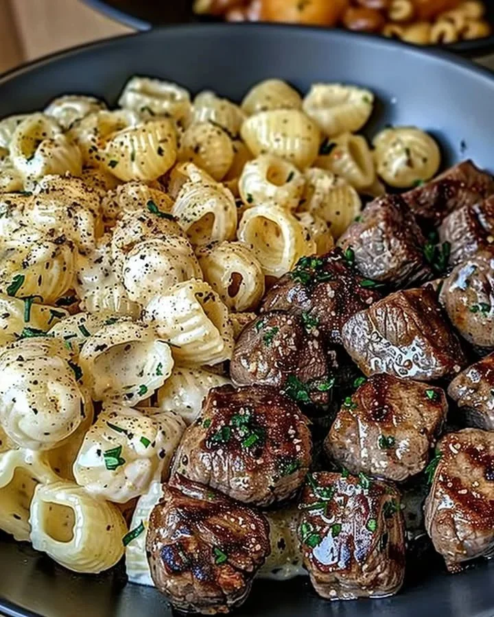 Sizzling steak bites served with creamy parmesan pasta for a delightful meal.