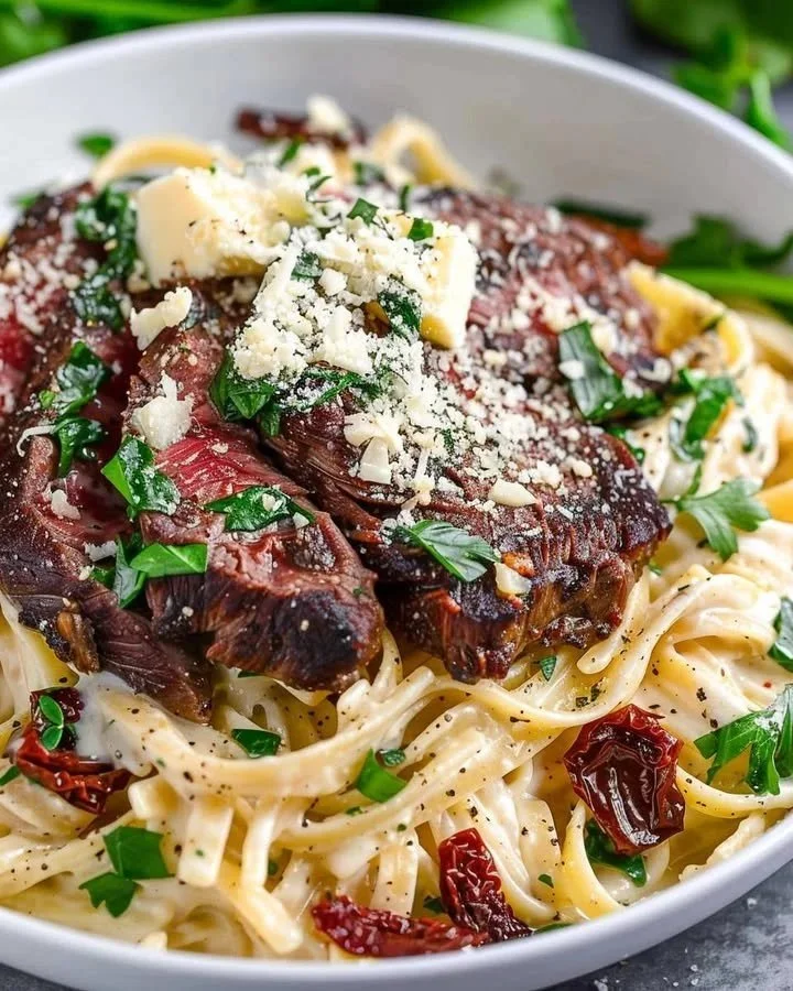 Steak served with creamy Gorgonzola Alfredo sauce and garnished with herbs