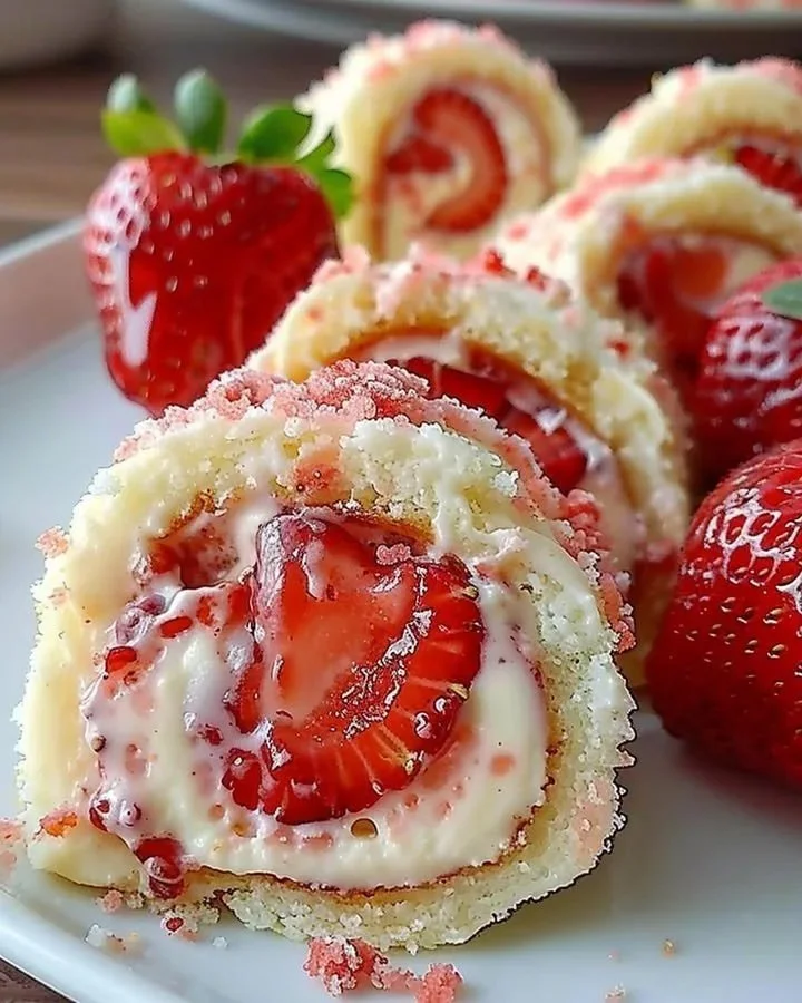 Strawberry cheesecake roll-ups served on a plate with fresh strawberries.