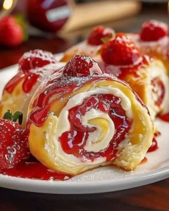 Delicious strawberry cheesecake swirl rolls on a plate, topped with fresh strawberries.