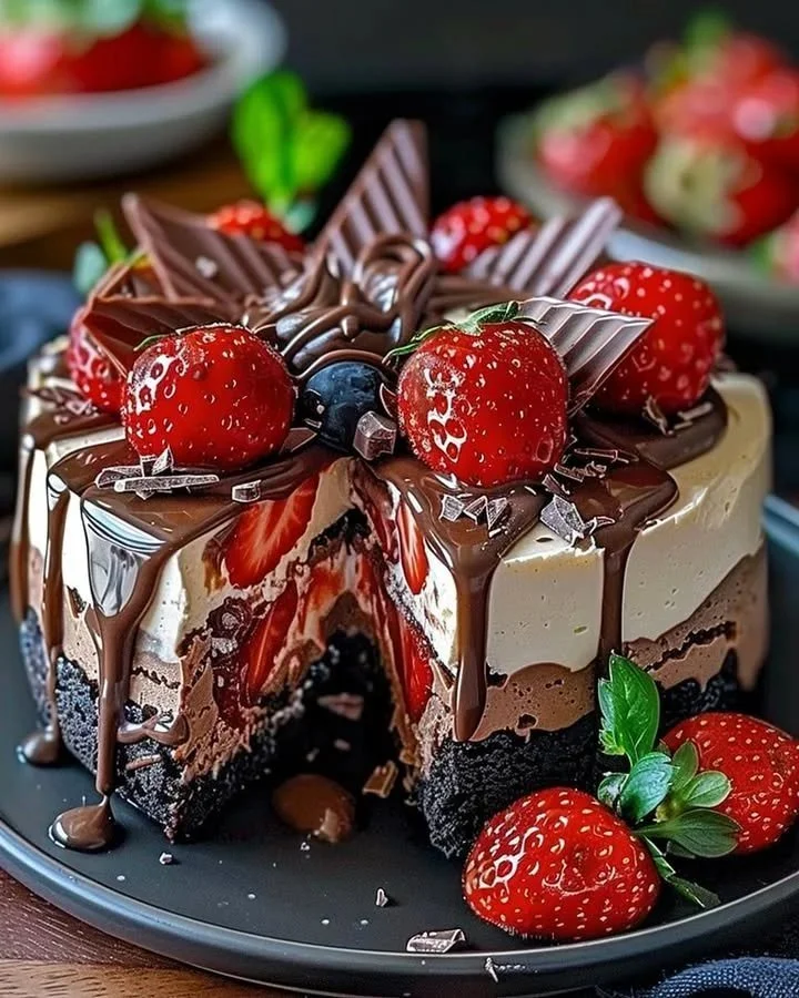 Strawberry Chocolate Swirl Cheesecake topped with fresh strawberries and chocolate drizzle.