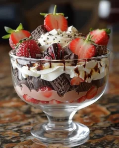 Delicious Strawberry Chocolate Trifle dessert featuring layers of chocolate and strawberries