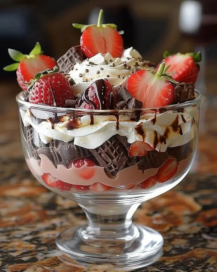Delicious Strawberry Chocolate Trifle dessert featuring layers of chocolate and strawberries