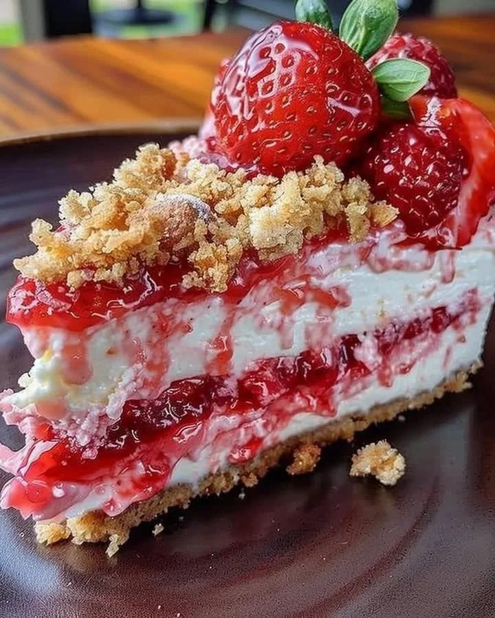 Delicious Strawberry Crunch Cheesecake garnished with fresh strawberries and crunch topping