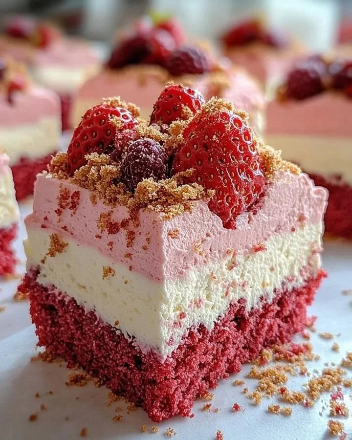 Delicious Strawberry Mousse Cake with Cream Cheese topping and fresh strawberries