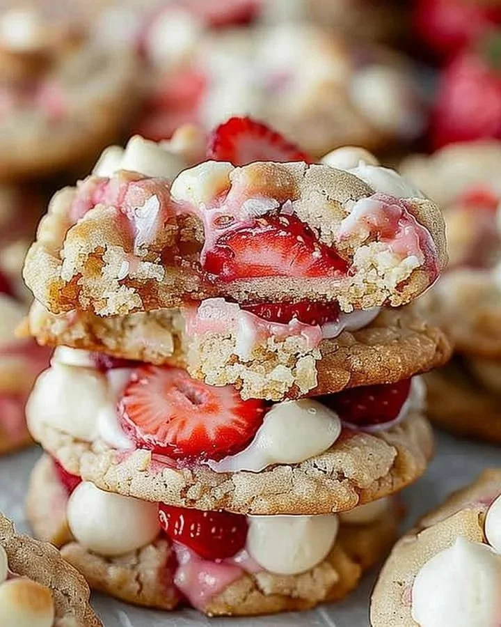 Strawberry shortcake cheesecake cookies on a plate with fresh strawberries