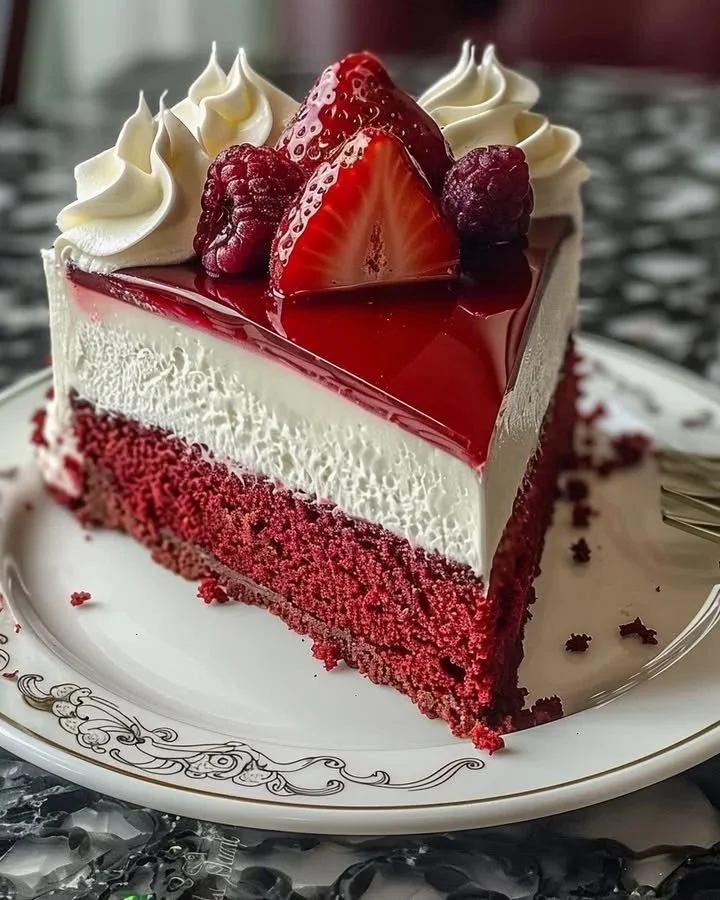 Delicious slice of Strawberry Velvet Cheesecake topped with fresh strawberries.