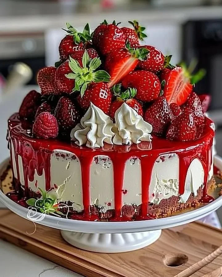 Slice of Strawberry Velvet Cake with fresh strawberries on top