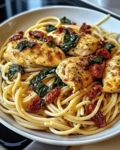 Sun-Dried Tomato Chicken Pasta with Spinach dish served in a bowl