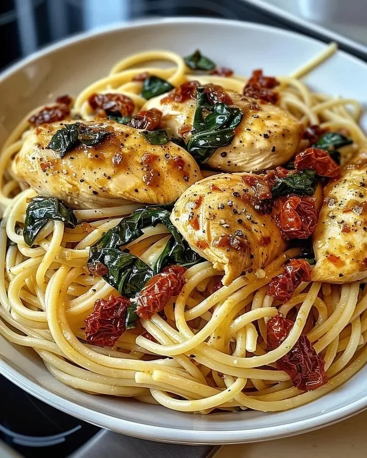 Sun-Dried Tomato Chicken Pasta with Spinach dish served in a bowl