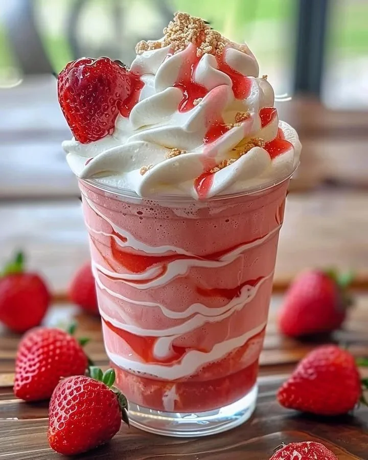 Delicious Strawberry Cream Frappuccino topped with whipped cream and fresh strawberries.
